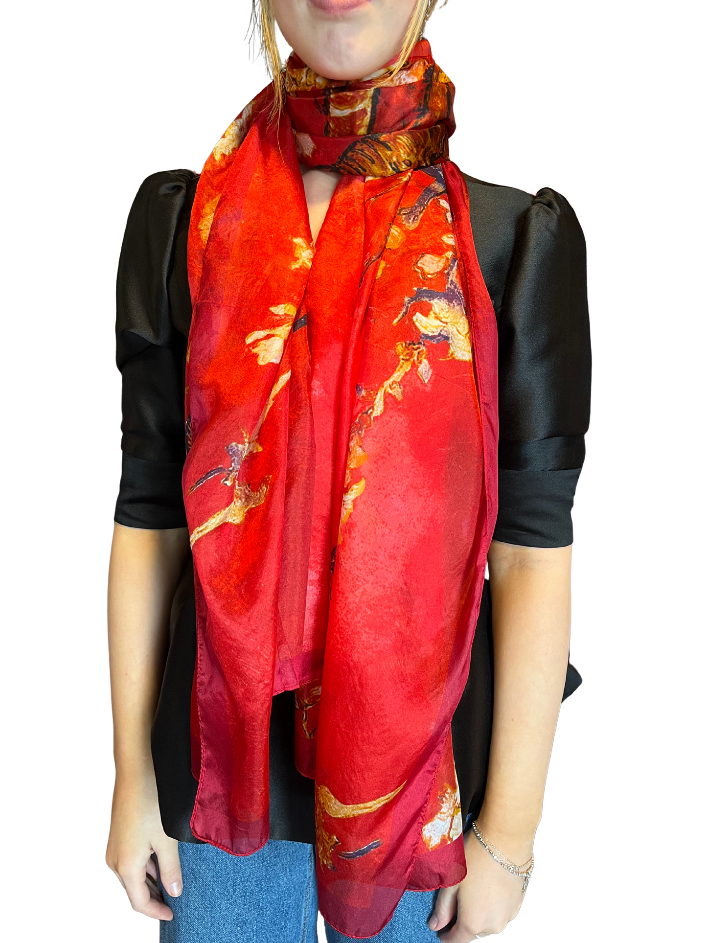 Red Cherry Blossom Print Silk Scarf