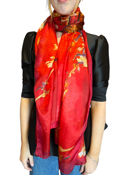 Red Cherry Blossom Print Silk Scarf