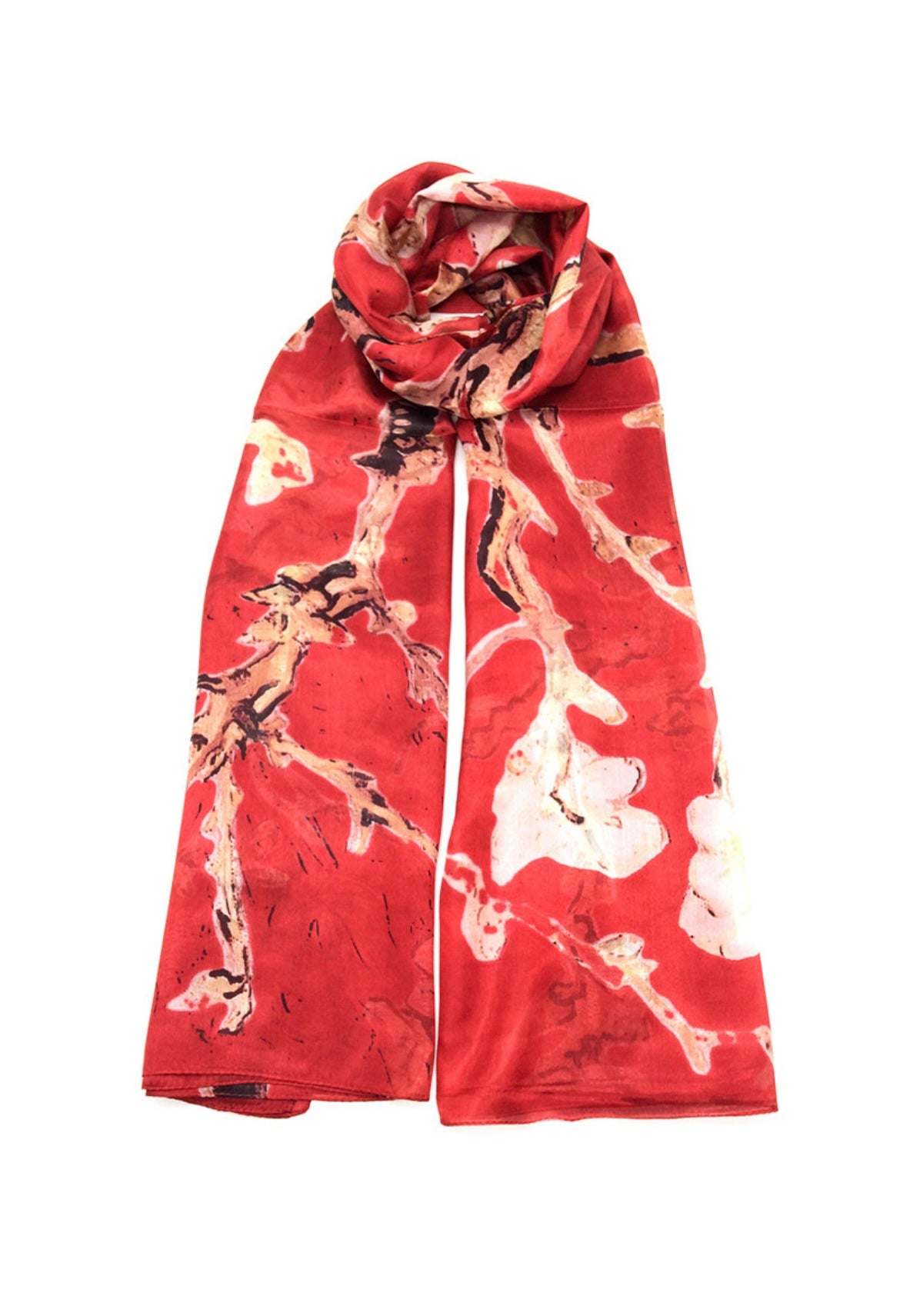 Red Cherry Blossom Print Silk Scarf