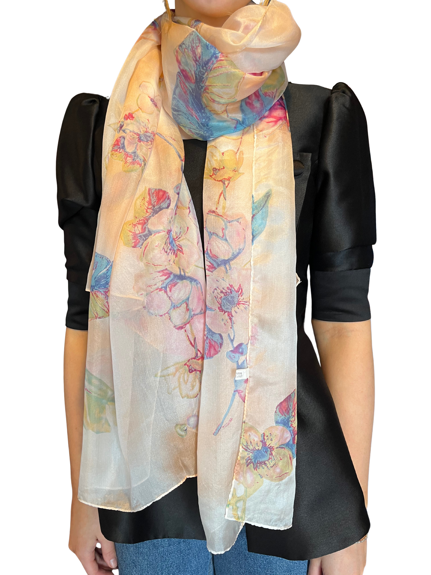 Pastel Floral Print Silk Scarf