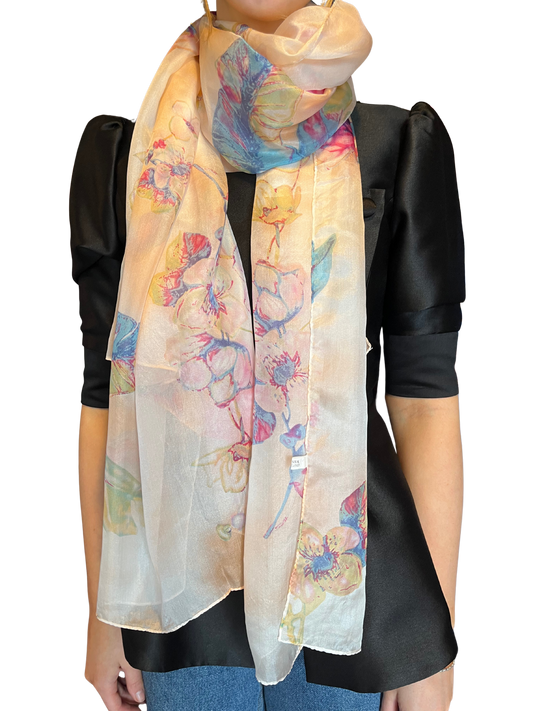 Pastel Floral Print Silk Scarf