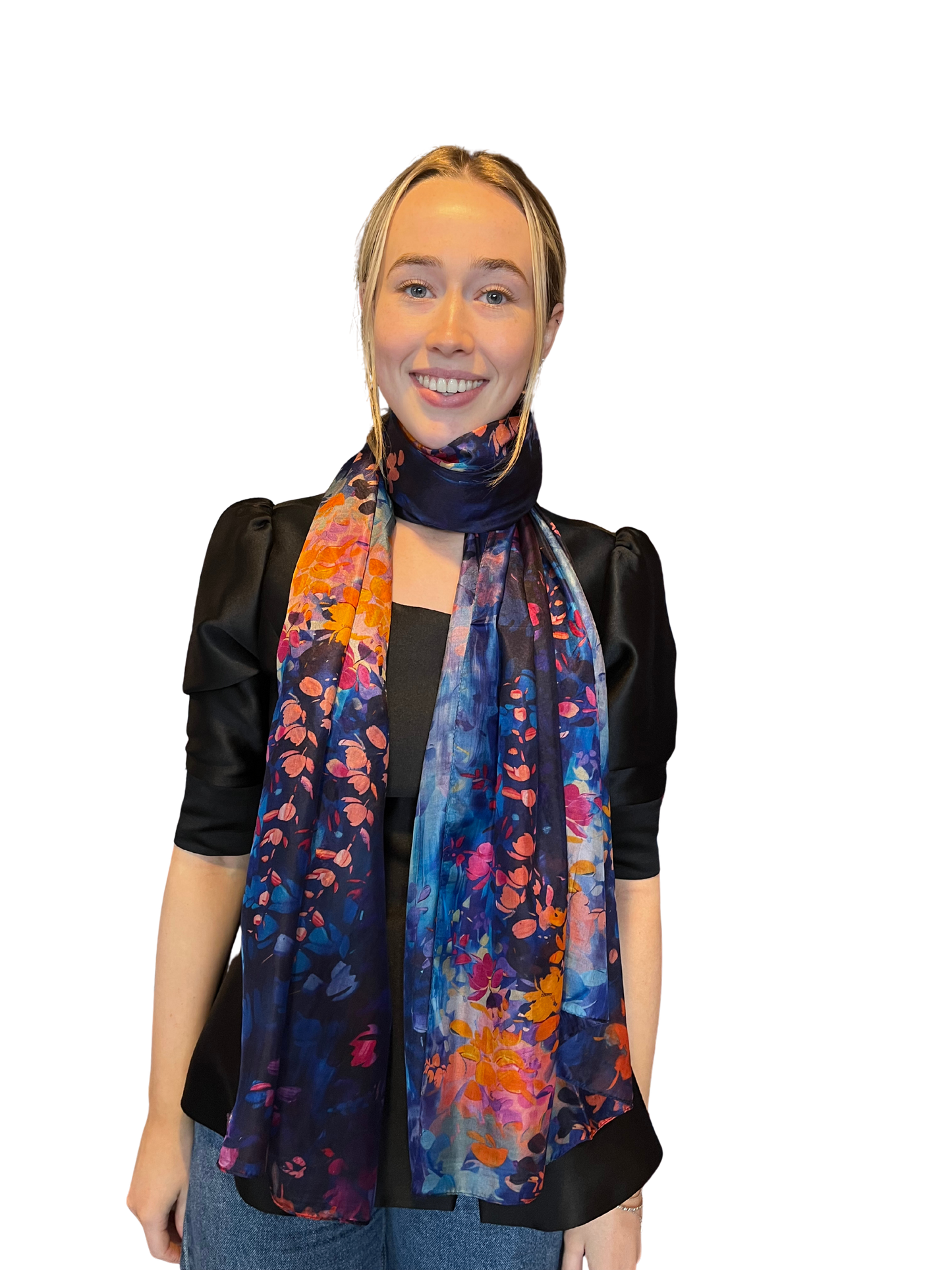 Navy Floral Print Silk Scarf