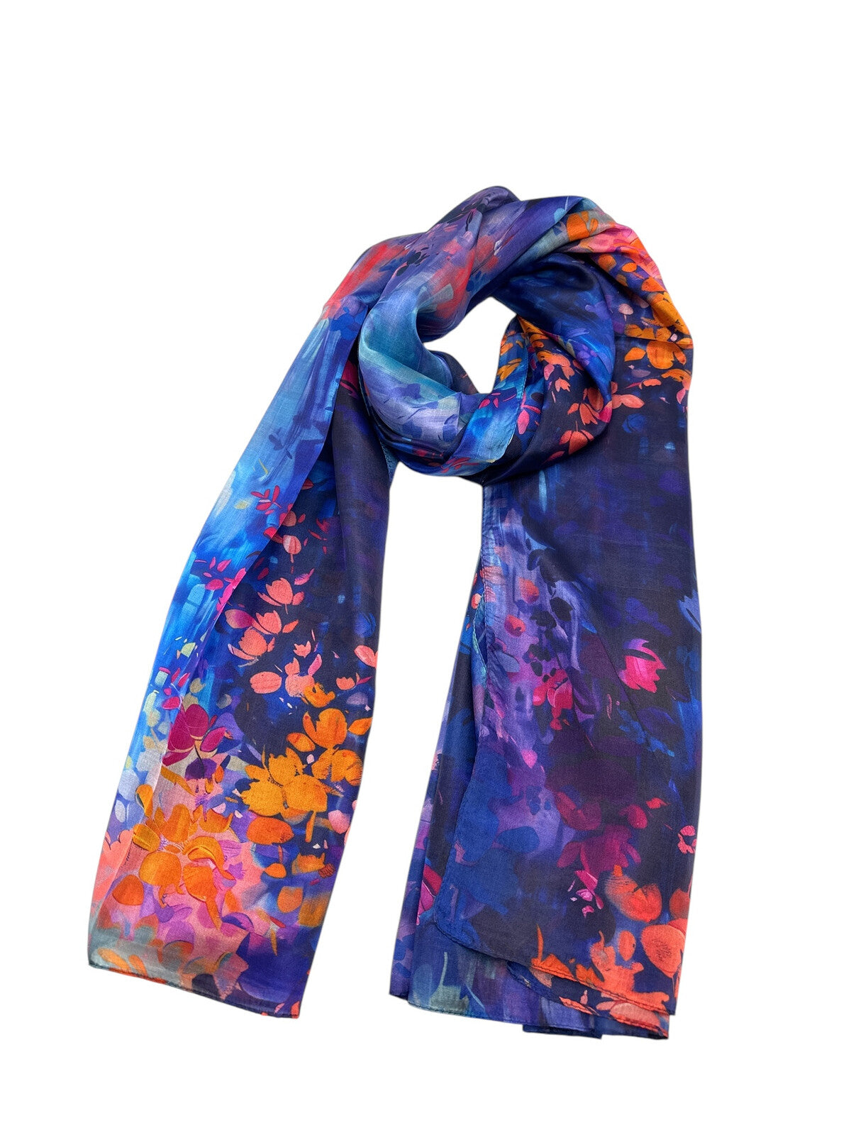 Navy Floral Print Silk Scarf