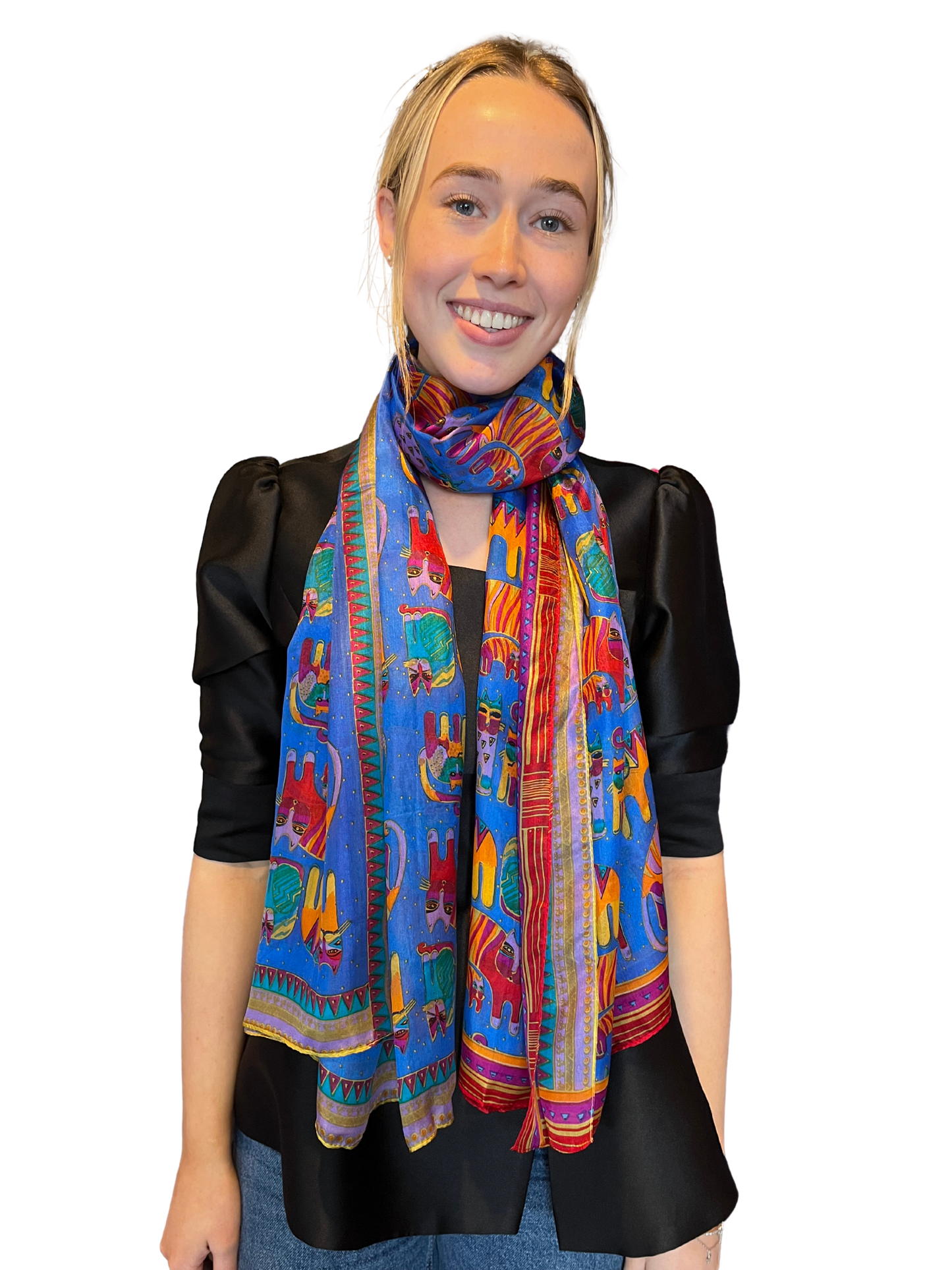Blue Multi Cat Design Silk Scarf