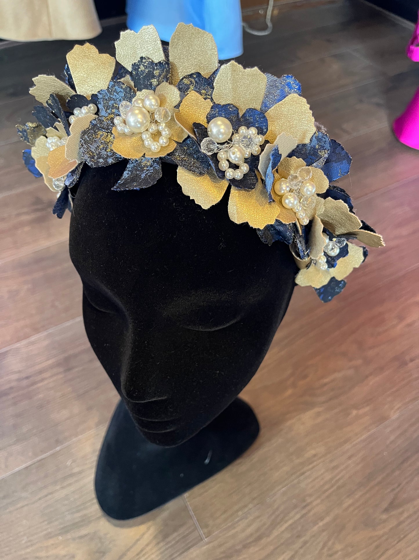 Blue brocade headpiece