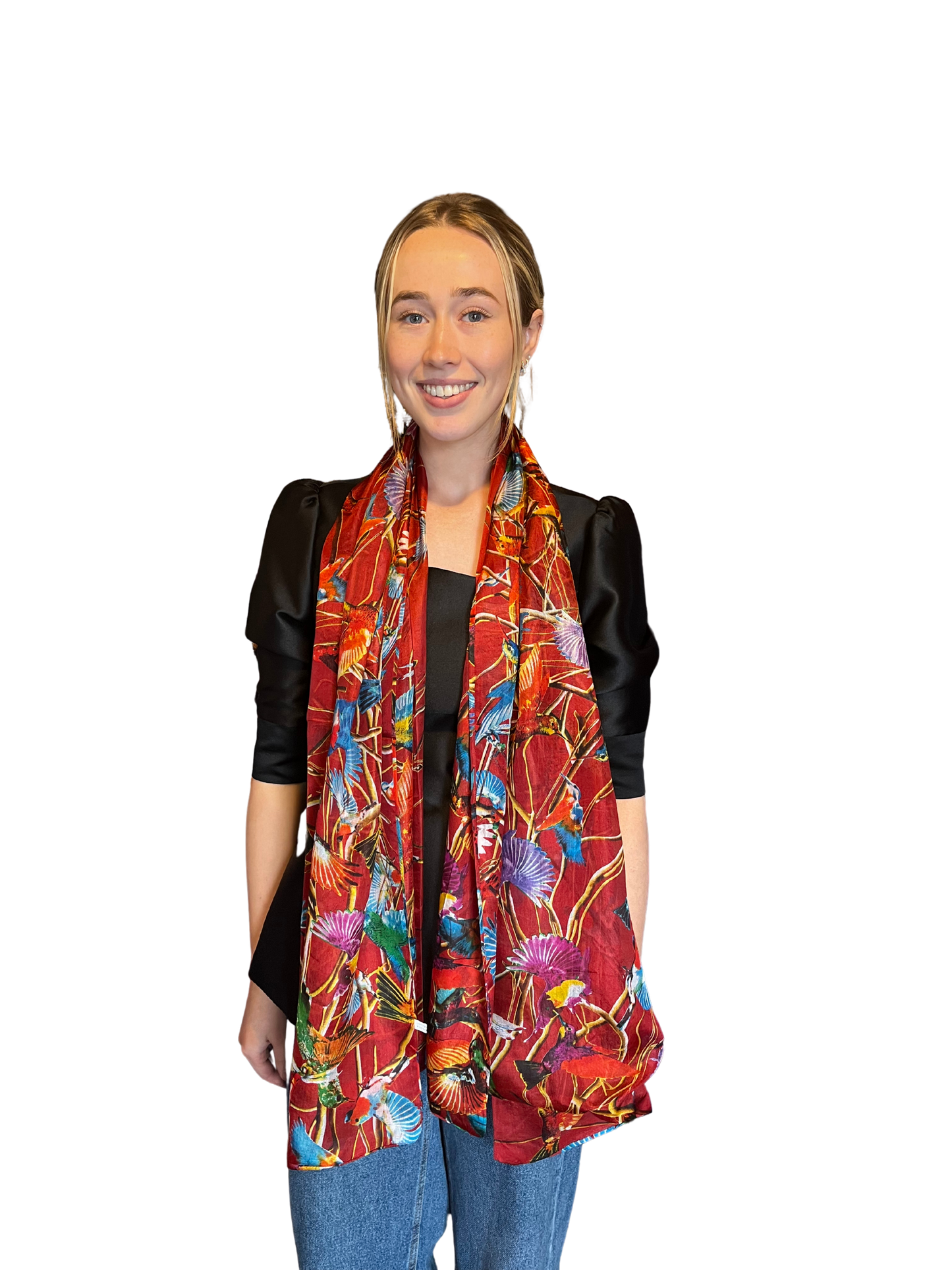 Red Multi Bird Silk Scarf