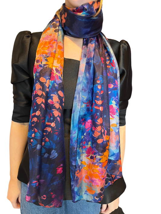 Navy Floral Print Silk Scarf