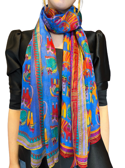 Blue Multi Cat Design Silk Scarf