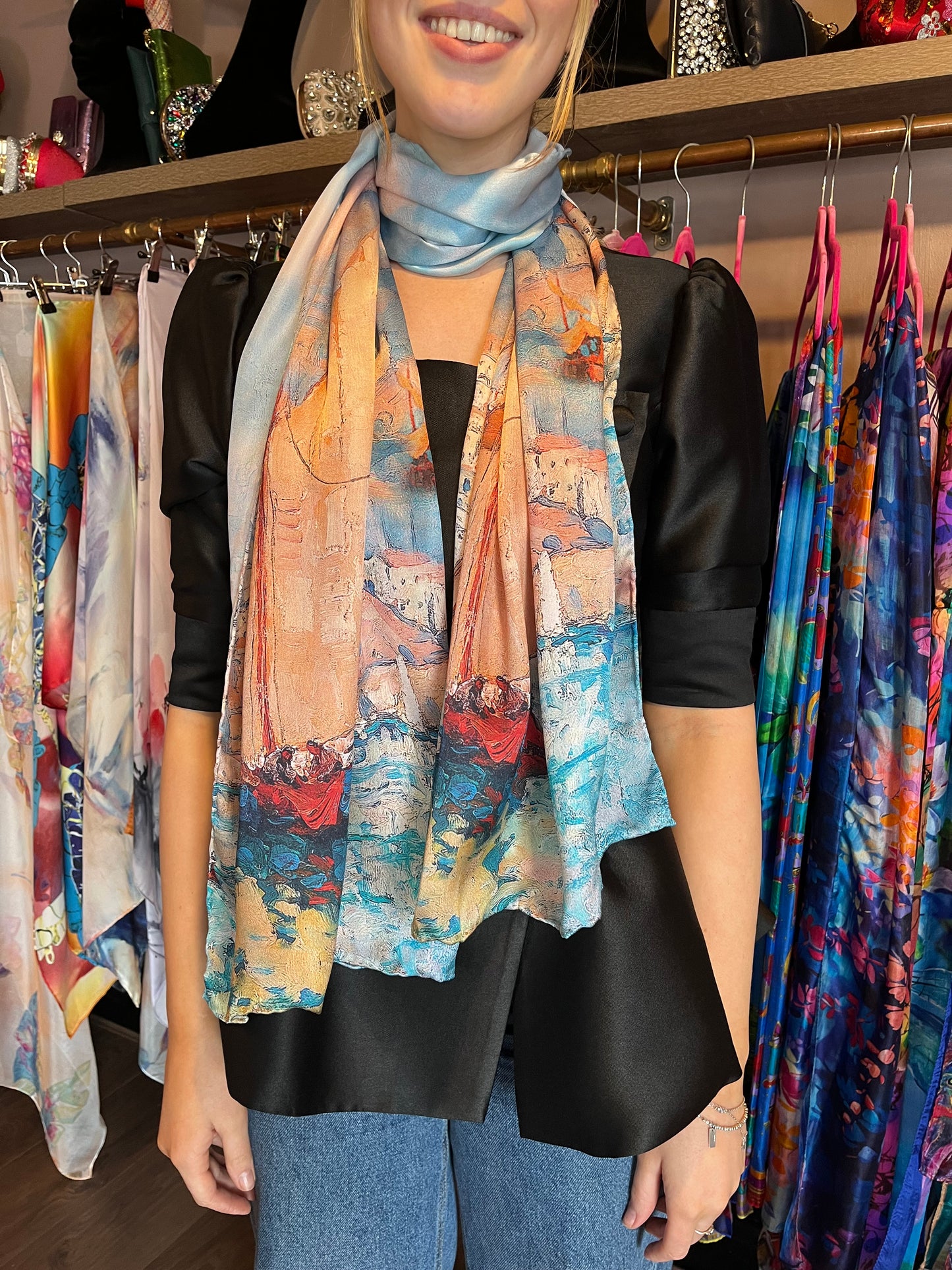 Scenic Boat Print Silk Scarf