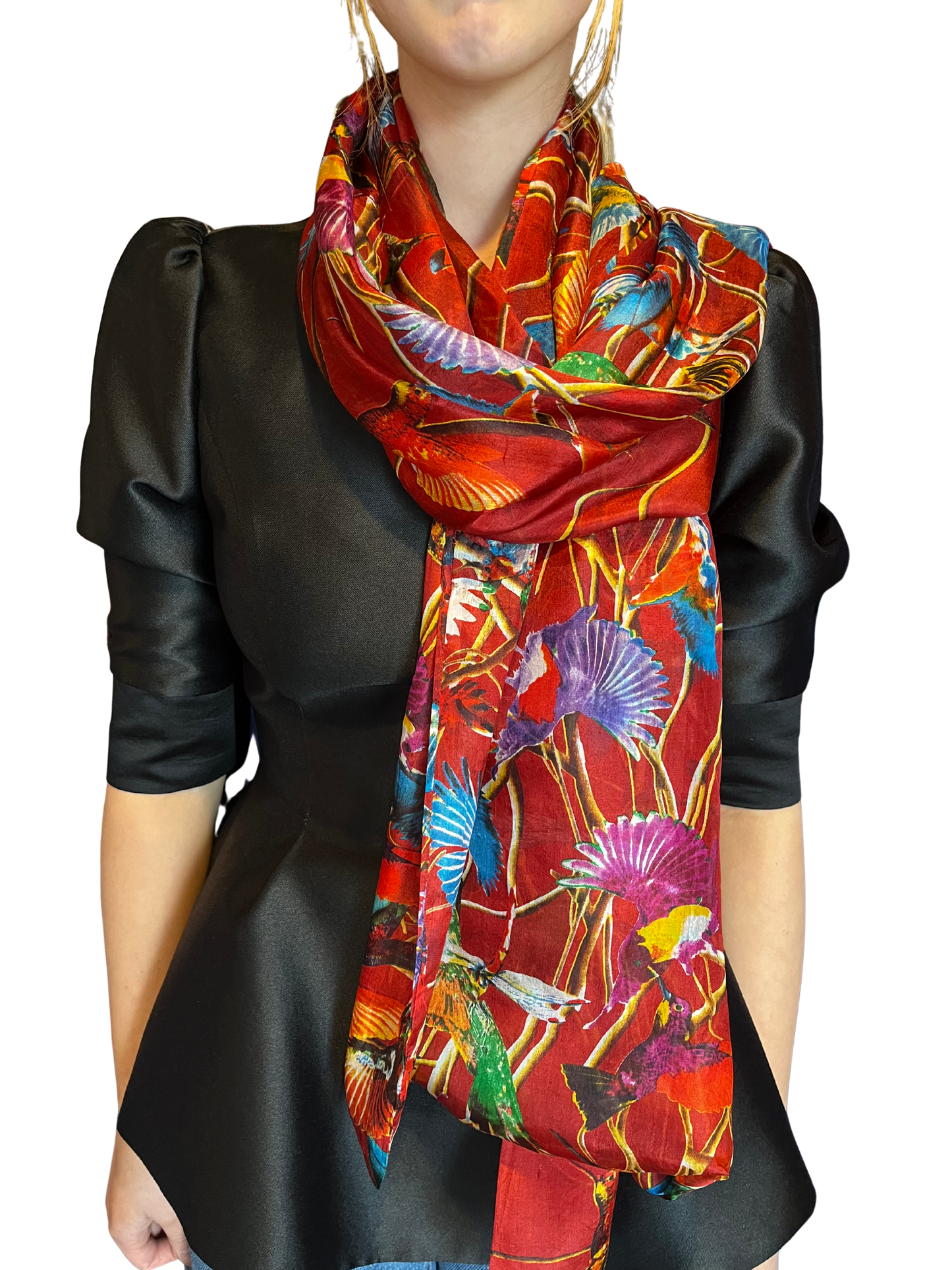 Red Multi Bird Silk Scarf