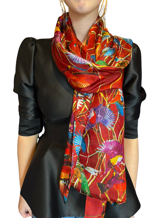 Red Multi Bird Silk Scarf