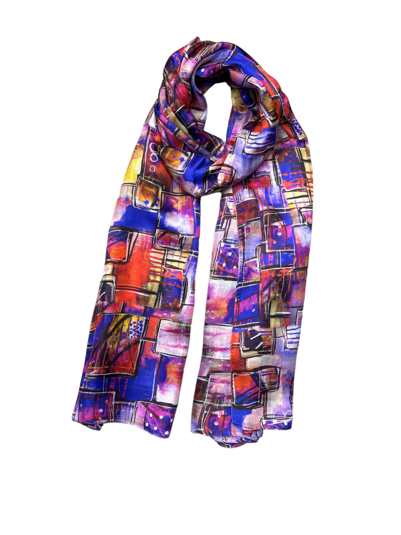 Multi Square Print Silk Scarf