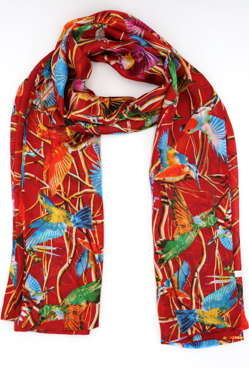 Red Multi Bird Silk Scarf
