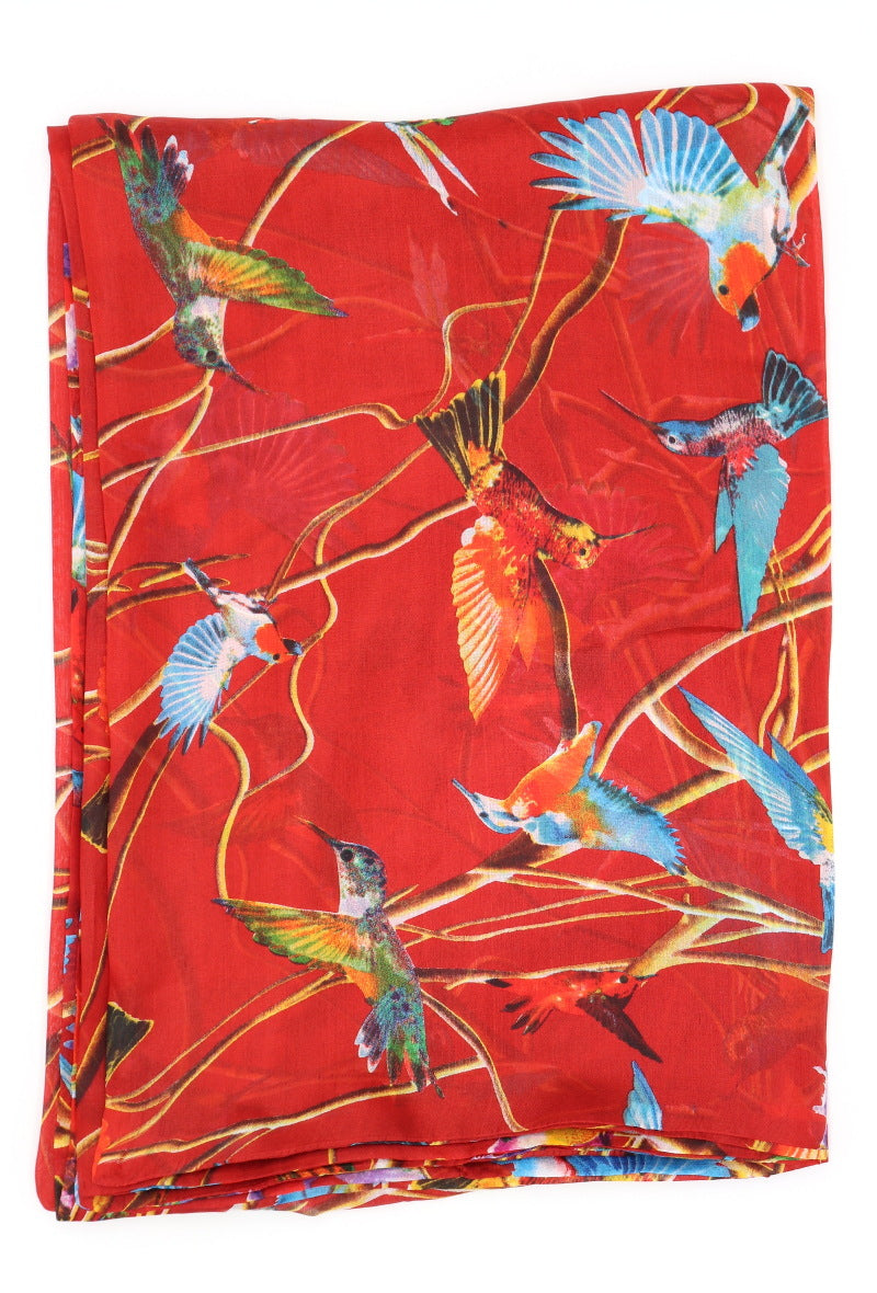 Red Multi Bird Silk Scarf