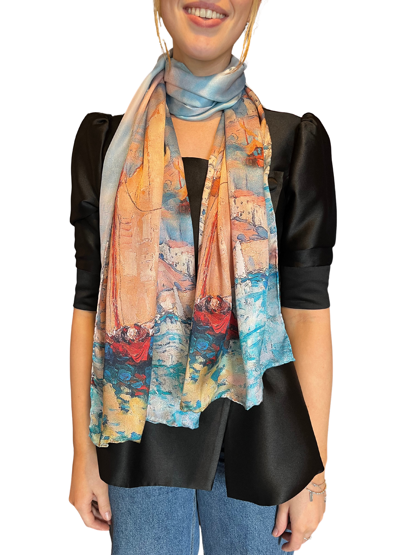 Scenic Boat Print Silk Scarf