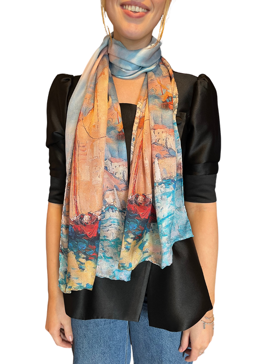 Scenic Boat Print Silk Scarf
