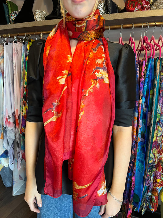 Red Cherry Blossom Print Silk Scarf