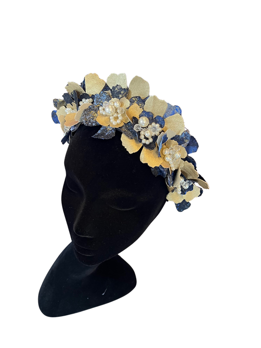 Blue brocade headpiece