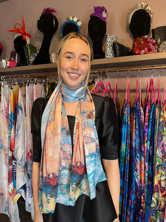 Scenic Boat Print Silk Scarf