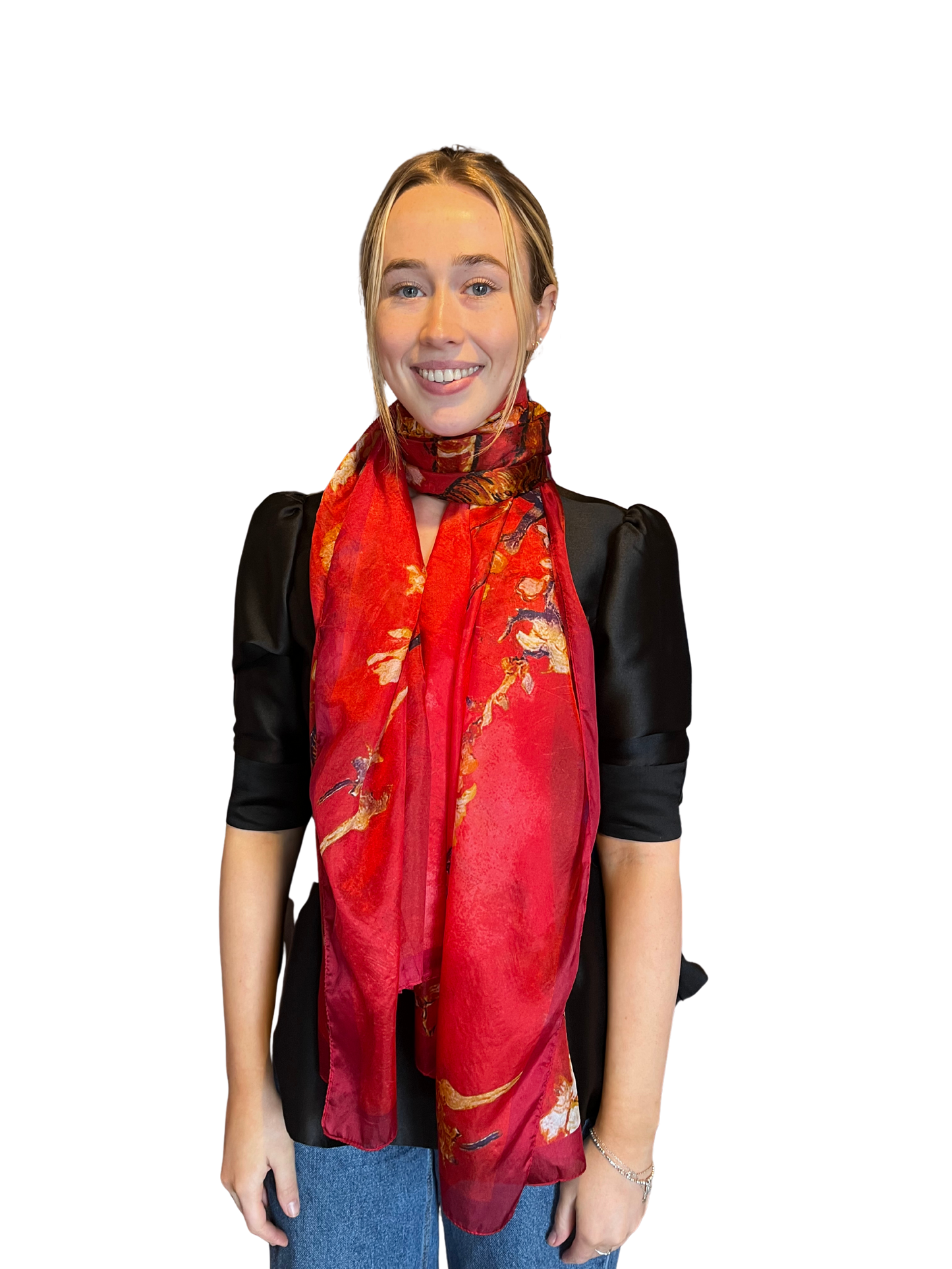 Red Cherry Blossom Print Silk Scarf