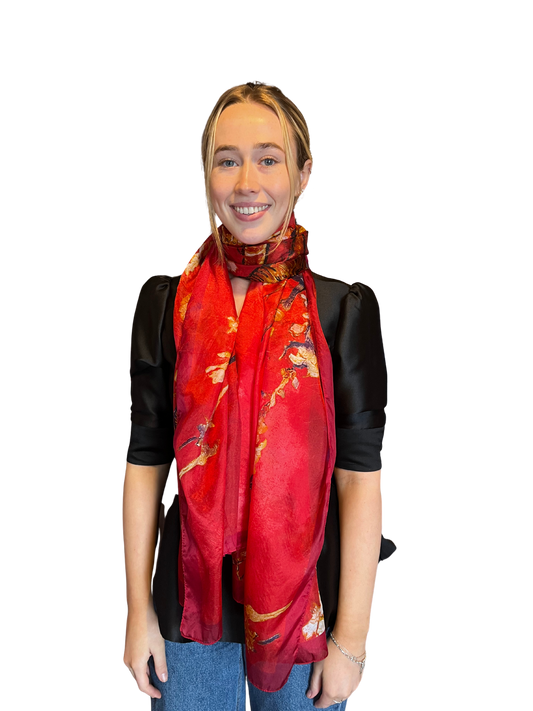 Red Cherry Blossom Print Silk Scarf