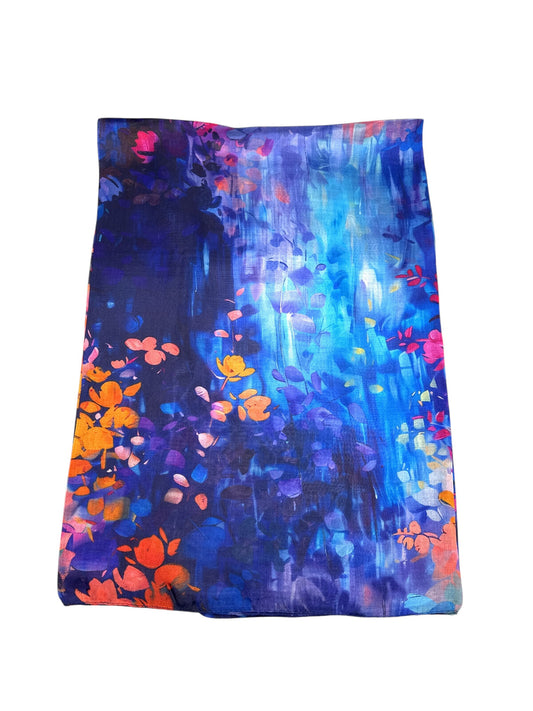 Navy Floral Print Silk Scarf