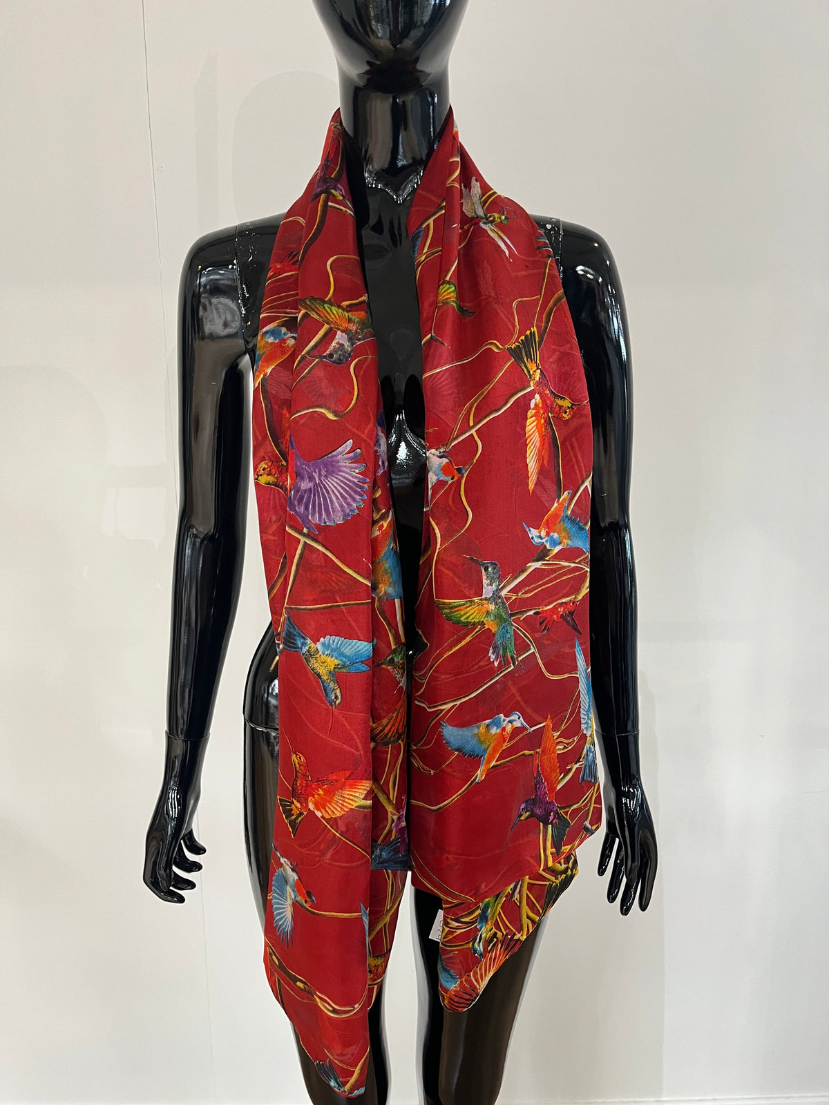 Red Multi Bird Silk Scarf