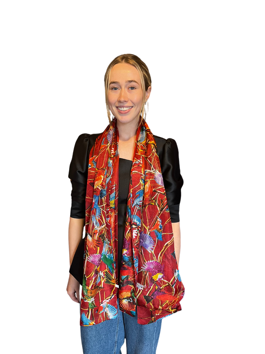 Red Multi Bird Silk Scarf
