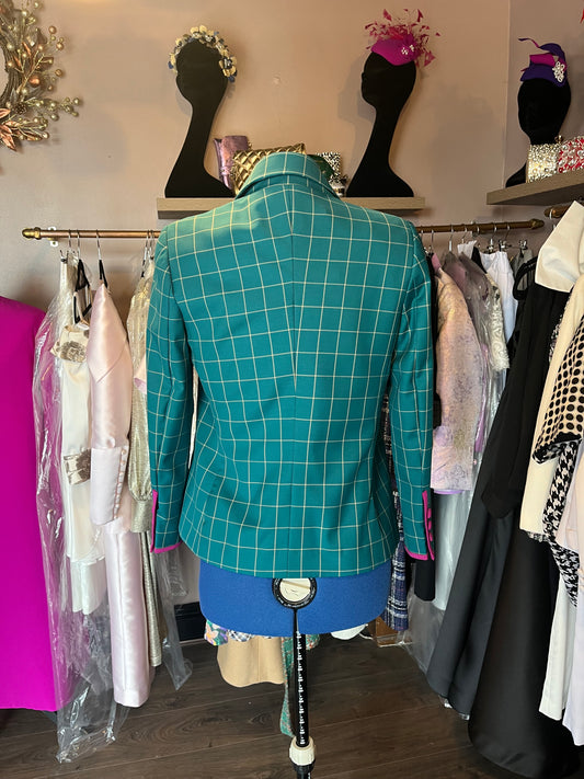 Dark Green Checkered Jacket Sample With Pink Trim