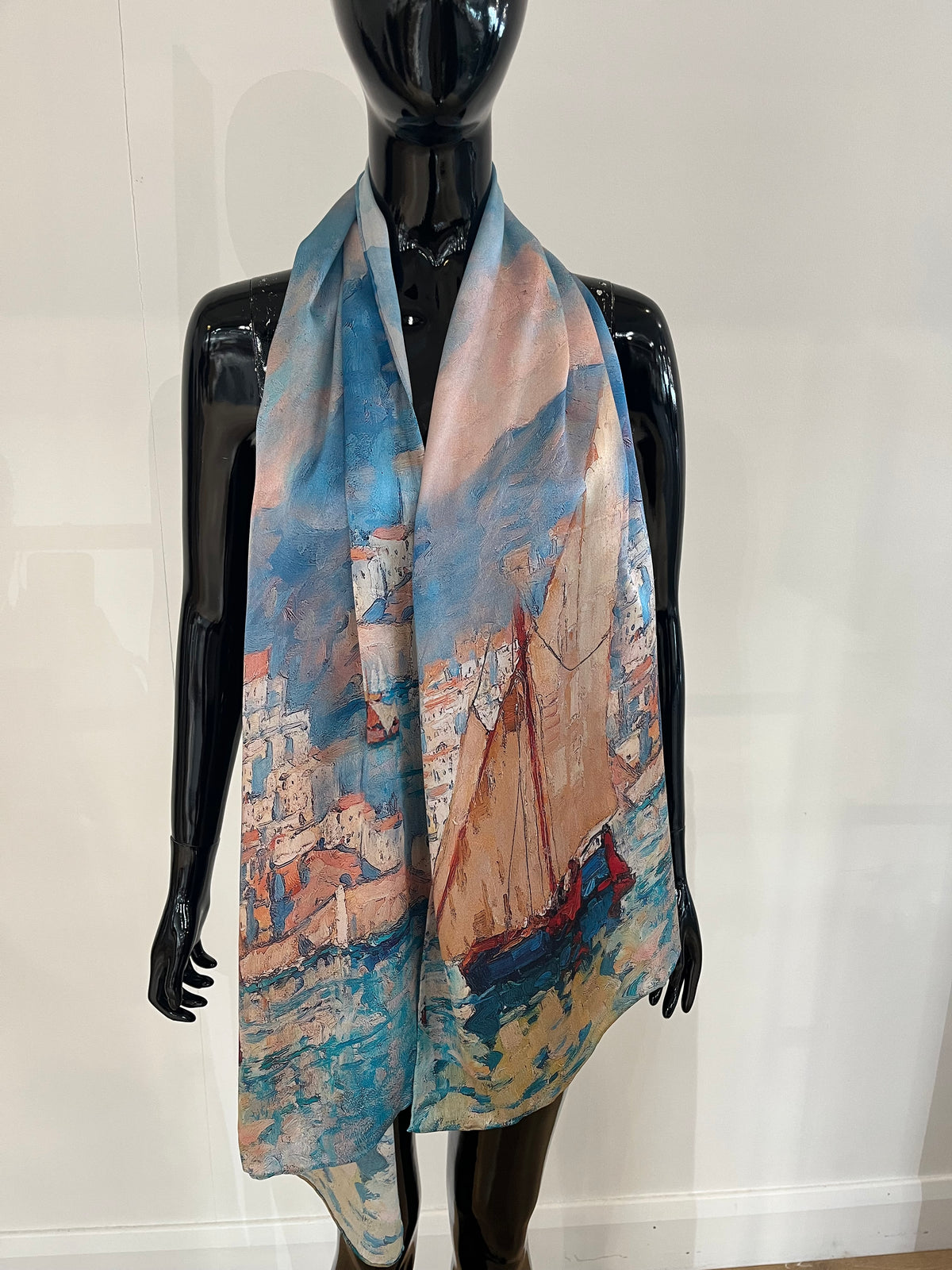 Scenic Boat Print Silk Scarf