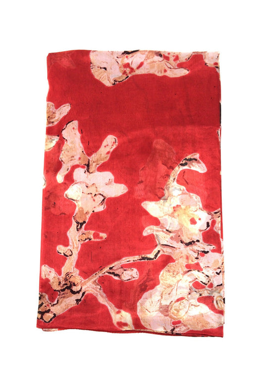 Red Cherry Blossom Print Silk Scarf