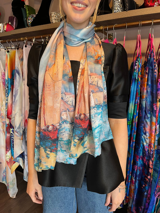 Scenic Boat Print Silk Scarf