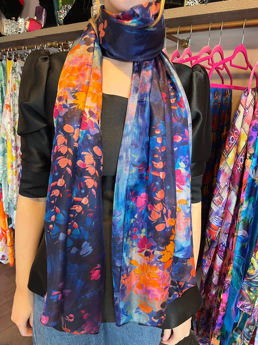 Navy Floral Print Silk Scarf