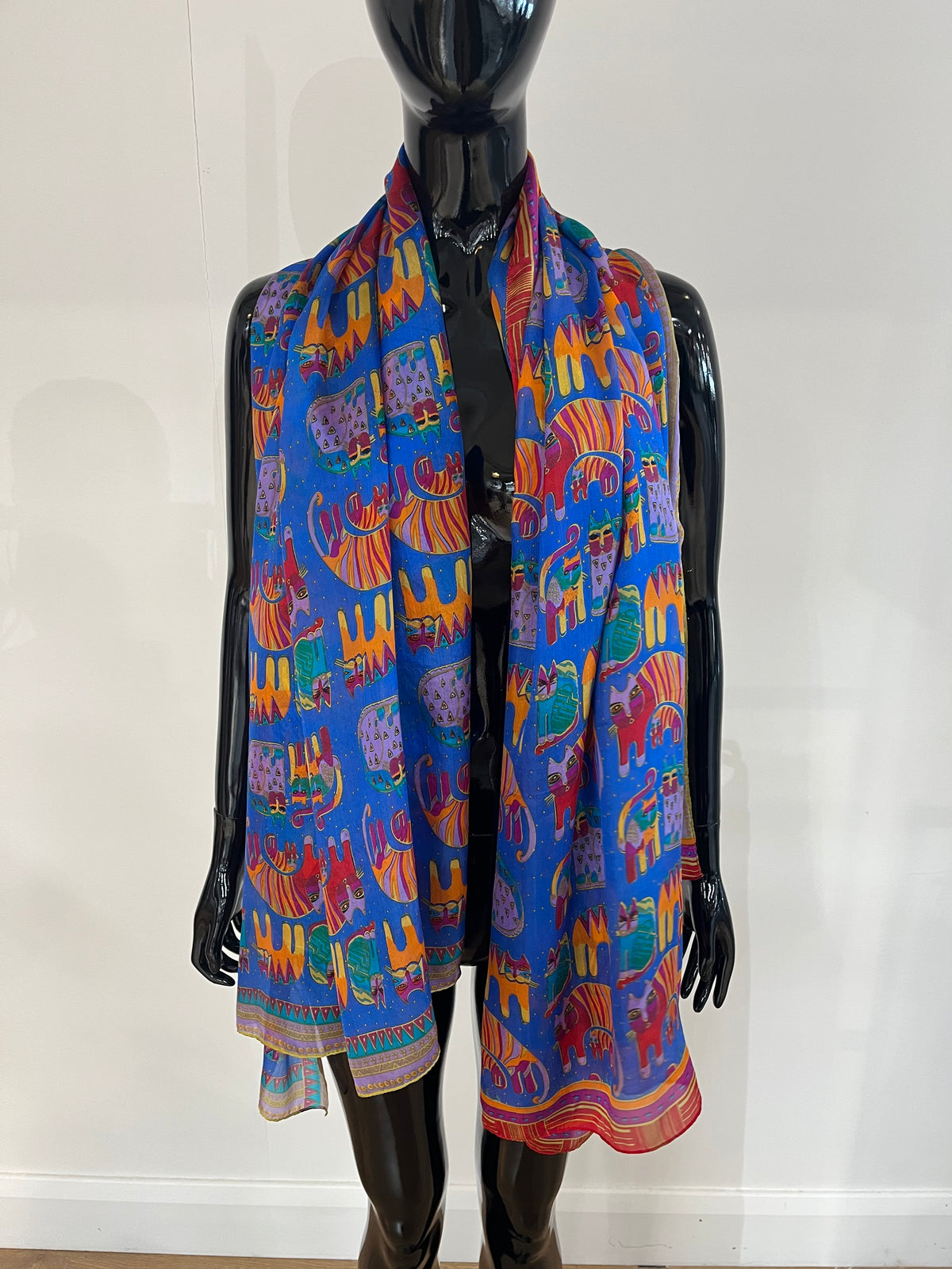 Blue Multi Cat Design Silk Scarf
