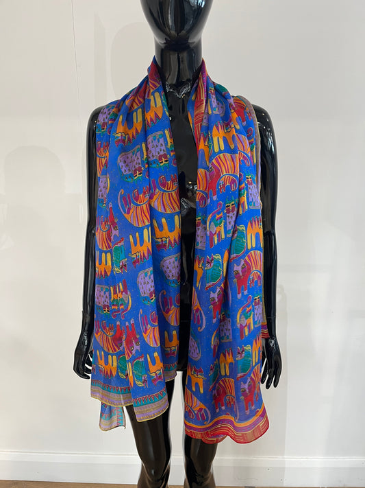 Blue Multi Cat Design Silk Scarf
