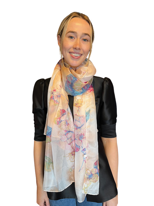 Pastel Floral Print Silk Scarf