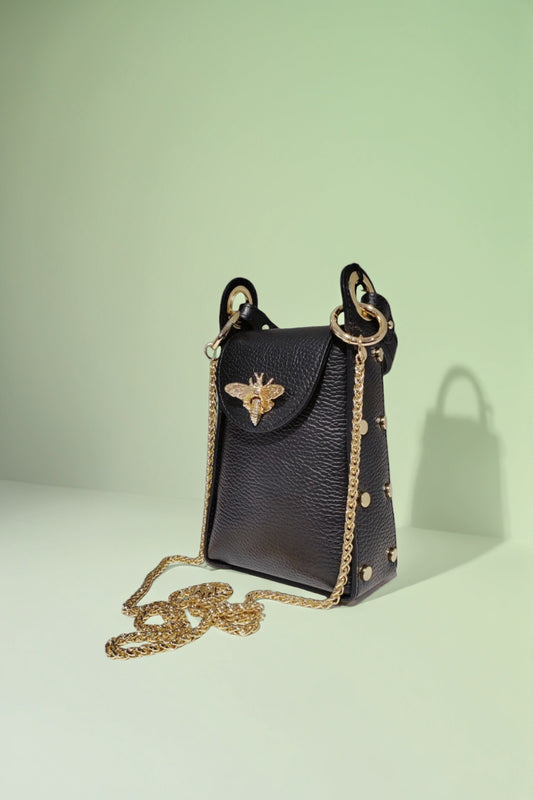 Black Leather Bee Handbag