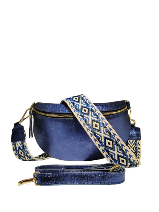 Navy Leather Crossbody Bag with Pattern Strap