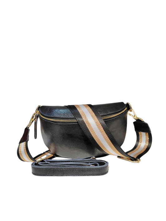 Black Leather Crossbody Bag with Pattern Strap