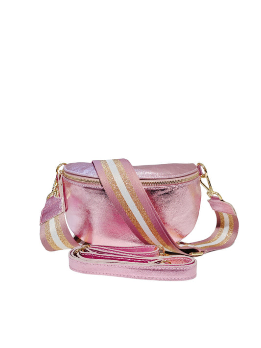 Pink Leather Crossbody Bag with Pattern Strap